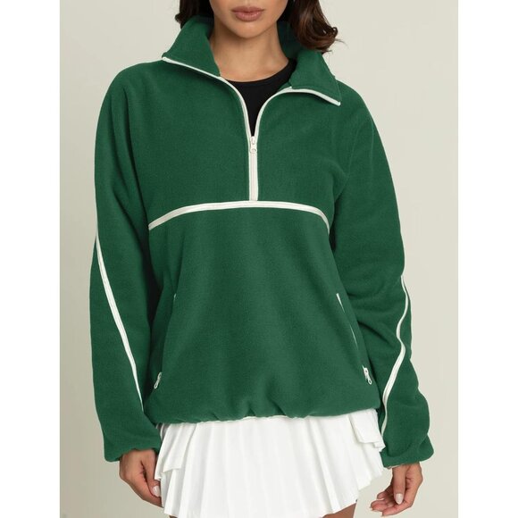 Women's Oversized Fleece Quarter Zip Pullover Casual Long Sleeve Jacket - Picture 3 of 6